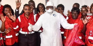 Kenya Red Cross paramedics and volunteers at the Nakuru County Level 5 Hospital during a training exercise on the proper use of Personal Protective Equipment (PPEs) in light of the Covid-19 pandemic on Sunday, March 15, 2020.