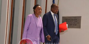Kenya's Defense Cabinet Secretary Monica Juma and Health Cabinet Secretary Mutahi Kagwe pictured following a meeting held on March 30, 2020.