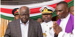 Kenya's second President Mwai Kibaki pays last respects to The late Daniel Moion February 10, 2020, at the Parliament Buldings.