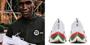 Kenyan Athlete Eliud Kipchoge holding the Nike Alphafly Next% Shoe (left) and a pair of the shoes