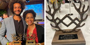 Kenyan filmmaker Jahawi Bertolli and wildlife conservationist Paula Kahumbu pose with their awards at the JacksonWild Film Festival in Vienna, Austria.