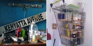 Photo collage of Kenyatta Avenue signpost and a trolley turned into a kitchen shelf 
