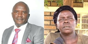 A collage photo of businessman Francis Kiambi who was found dead at his Karen home on January 9, 2023 (left) and his sister Jesicah Kajugu addressing the media on January 12, 2023 (right).