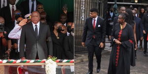 A collage image of President Uhuru Kenyatta at Nyayo Stadium  (LEFT) and members of the Late President Mwai Kibaki's family leaving Lee Funeral Home on April 29, 2022.