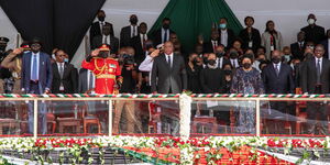 Thousands of mourners, led by President Uhuru Kenyatta and First Lady Margaret Kenyatta, follow proceedings at the National Funeral Service of former President Emilio Mwai Kibaki at Nyayo National Stadium on Friday, April 29, 2022
