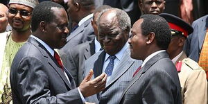 From left: Former Prime Minister Raila Odinga, the late President Mwai Kibaki and former Vice President Kalonzo Musyoka