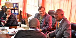 Kesses MP Mishra Swarup second right) meets Uasin Gishu politician Jackson Kibor (right) in April 2018