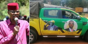Kimilili MP Didmus Barasa (left) and a car branded with UDA colours