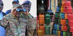 A photo collage of Interior CS Kithure Kindiki (left) and LPG cylinders on display.