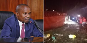 A photo collage of Interior Cabinet Secretary Kithure Kindiki speaking in Parliament on June 20 (left) and rescue operations at the Londiani Junction accident on June 30, 2023 (right).