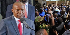 A photo collage of Interior Cabinet Secretary Kithure Kindiki (left) and Former Prime Minister Raila Odinga and his entourage at DCI headquarters (right).