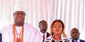 King Adeyeye Enitan Ogunwusi and Machakos Governor Wavinya Ndeti in Machakos County on March 28, 2023.