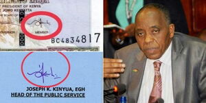 A collage image of an old Ksh1000 bank note signed by outgoing Head of Public Service Joseph Kinyua (right) and the government officials addressing the media at a past event (right).