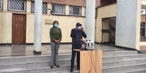 Senators Susan Kihika (Nakuru) and Kipchumba Murkomen (Elgeyo Marakwet) addresses the media outside his office on May 11, 2020.