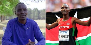 Photo collage of former olympic champion Asbel Kiprop during an interview and after winning a race
