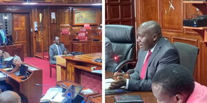 Treasury PS Nominee Chris Kiptoo and Cabinet Affairs PS Nominee Julius Korir appear before the vetting committee in parliament.