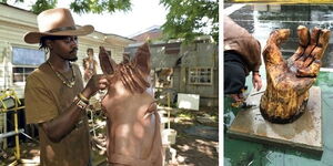 Kiptoo works on a wood sculpture at Lexington, Kentucky