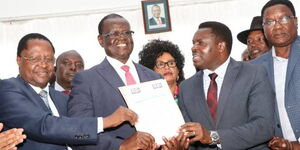 From left: Governors Martin Wambora (Embu), Kiraitu Murungi (Meru), and Muthomi Njuki (Tharaka Nithi) during a BBI forum at Kirubia in Chuka Igambang'ombe on Wednesday, February 26, 2020