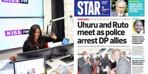 Kiss FM show host at the station's Waiyaki Way studio (left) and the front page of The Star Newspaper.