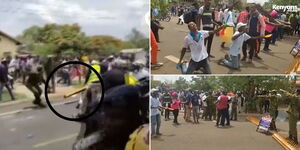 A photo collage of Azimio protestors running away with a roadblock erected at State Lodge Road (left) and the protestors engaging with the police on March 7, 2023 (right).