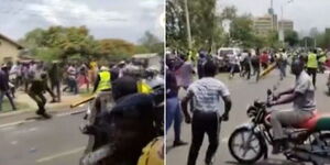 Azimio supporters running away with a roadblock stationed at State Lodge Road in Kisumu County on March 10, 2023.