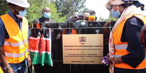 Kisumu Governor Anyang Nyong'o (Left) and Cabinet Secretary for Sports, Heritage and Culture at the ground breaking ceremony of the Jomo Kenyatta International Stadium in Kisumu. June 24, 2020.