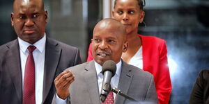 Interior CS Kithure Kindiki addressing the press at Harambee House on February 7, 2023.