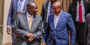 Deputy President Righathi Gachagua (left) with Interior Cabinet Secretary Kithure Kindiki (right) in Nyeri County at a consultative forum dealing with the alcohol and substance abuse menace in Central Kenya on April 14, 2023.