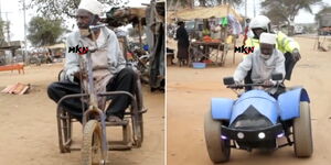 The motorized tricycle (right) designed by Philip Kivuva contrasted with a wheelchair a local cobbler was previously using