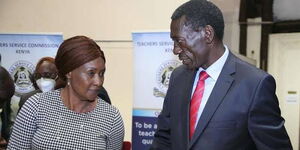 TSC boss Nancy Macharia (left) and Knut secretary general Collins Oyuu during signing of the 2021-25 CBA with the teachers unions.
