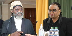 Roots Party presidential candidate, George Wajackoyah (left) and Chief Justice Martha Koome (right) at the Supreme Court on Tuesday, August 29, 2022