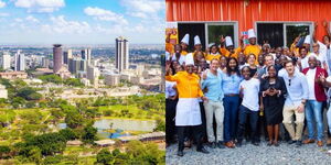 Photo collage between aerial view of Nairobi and Kune employees