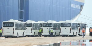 Fifteen electric buses arriving at the Port of Mombasa aboard MV Morning Christina on Tuesday, November 29, 2022