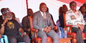 Roots party leader George Wajackoyah, Kakamega Governor Fernandes Barasa and Siaya Governor James Orengo during the memorial service of Wajackoyah's late father Mzee Tito Jakoya at Indangalasia, Kakamega County on January 3, 2022