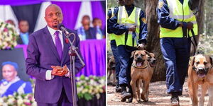A side-by-side image of Trade CS Moses Kuria addressing mourners at his sister,  Pauline Nyokabi Kuria's burial on Monday, January 23, 2023, and Security service dogs during a past operation.
