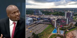 Photo collage between Trade Cabinet Secretary Moses Kuria speaking on Monday February 20, 2023 and Two Rivers Mall