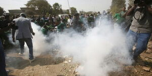 A file image of Lang'ata Primary School pupils fleeing teargas lobbed to them by police when they demonstrated against the grabbing of their playground in January 19, 2015.