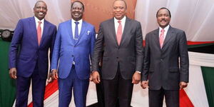 From left, Deputy President William Ruto, ODM leader Raila Odinga, President Uhuru Kenyatta and Wiper leader Kalonzo Musyoka at a National Prayer event in 2019.