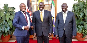 Lang'ata MP Phelix 'Jalang'o' Odiwuor , President William Ruto and DP Rigathi Gachagua at State House Nairobi on February 7, 2023