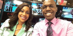 Former NTV anchors Larry Madowo (right) and Victoria Rubadiri at NTV Studios