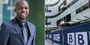 BBC journalist Larry Madowo, left, and BBC headquarters.