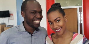 Former NTV anchors Larry Madowo (right) and Victoria Rubadiri at NTV Studios