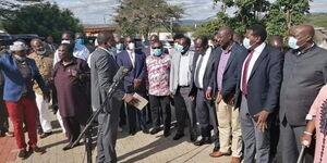 Leaders defy social distancing rule during a press briefing at Francis Atwoli's home in Kajiado on Friday, May 29, 2020.