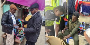 Left DP Ruto's allies Dennis Itumbi and Emmanuel Talam buy socks from a mitumba vendor while Nelson Havi buys fits mitumba shoes at a store.