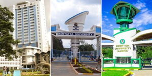 Left to right: University of Nairobi building, Kenyatta University gate and Egerton University gate.