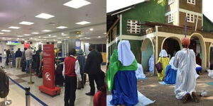 Photo collage between travellers at JKIA screening center and members of Legio Maria religious group praying
