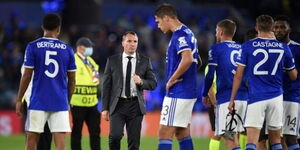 Leicester City Head Coach Brendan Rodgers gives a team talk to the players at a past match. 