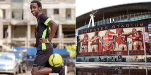 A collage of 18-year-old environmental activist Lesein Mutunkei and Arsenal's Fly Emirates Stadium in London, UK. 