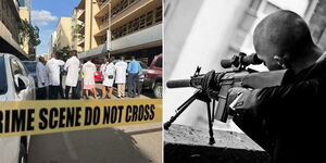 A photo collage of detectives at Kaunda Street where Lilian Waithera was killed on February 16, 2023 (left) and a sniper on a building (right).