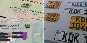 Photo collage of a driving license and a logbook and new generation number plates on display